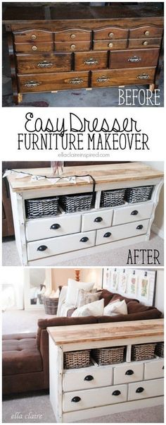 an old dresser is transformed into a coffee table with drawers and wicker baskets on top