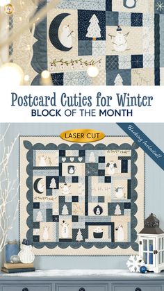 a quilted wall hanging with the words postcard cuties for winter block of the month