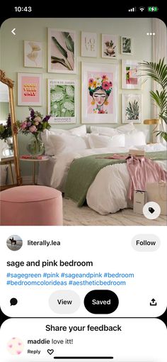 a bed room with pictures on the wall above it and an instagram page below