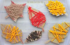 four different types of string art in a plastic container with the words, the imagination tree