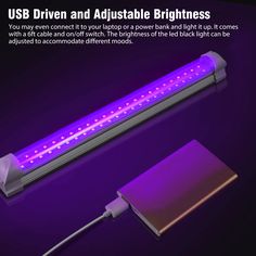 an image of a purple light with the words usb driven and adjustable brightness