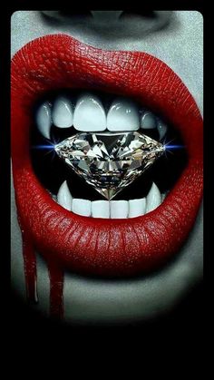 a woman's mouth with a diamond in it and dripping blood on the lips