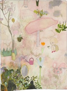 an abstract painting with flowers, plants and animals in the foreground is a pink background