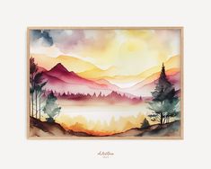 a watercolor painting with trees and mountains in the background