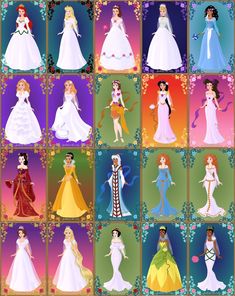 the disney princesses are all dressed up in their wedding gowns