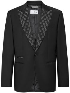 black/silver-tone monogram pattern front button fastening peak lapels rhinestone embellishment long sleeves jetted chest pocket appliqué logo two front welt pockets buttoned cuffs full lining straight hem Designer Blazer With Lapel Collar, Designer Tailored Blazer, Luxury Blazer With Hidden Button Closure, Luxury Single Button Blazer, City Shorts, Monogram Pattern, Balenciaga Triple S, Blazer Black, Custom Watch