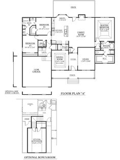 two floor plans for the first and second floors of a house with an attached garage