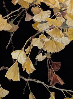 a painting of yellow and brown leaves on a tree branch with black background in the foreground