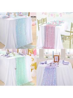 the table is decorated with pink, blue and green sequins on it's edges