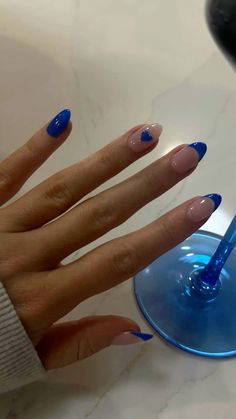 Megan Moroney Blue Nails, Megan Moroney Nail Ideas, Neon Blue Nail Designs, Megan Moroney Nails, Blue Nails Summer 2024, Short Nails Ideas Blue, Royal Blue Christmas Nails, Simple Blue Nail Designs, Almond Blue Nails