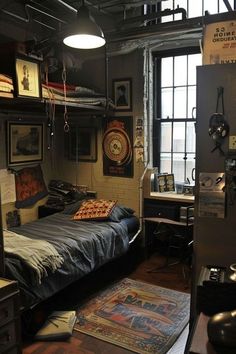 a bedroom with a bed, rugs and pictures on the wall in front of a window