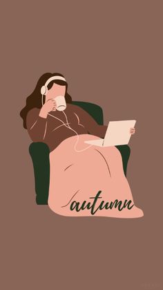 a woman sitting in a chair with headphones on her ears, reading a book and listening to music