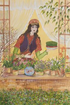 a painting of a woman in a garden with potted plants and flowers on the table