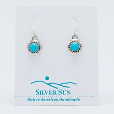 These earrings feature simple round silver work that beautifully complements the shape of the stones, accentuated by delicate beaded silver surrounding the bezel. Size: 26 x 11 mm Stone: 6 mm diameter Turquoise Gemstone Earrings With Round Beads, Blue Cabochon Sterling Silver Earrings, Sterling Silver Dangle Earrings With Bezel Setting, Sterling Silver Jewelry With Bezel Setting And Dangle Shape, Sterling Silver Cabochon Drop Earrings, Nickel-free Sterling Silver Jewelry With Round Stones, Nickel Free Sterling Silver Jewelry With Round Stone, Sterling Silver Round Pendant Earrings, Adjustable Sterling Silver Round Pendant Earrings