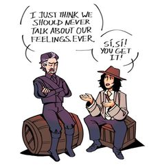 two people sitting next to each other on wooden barrels with thought bubbles above them that say i just think we should talk about our feelings