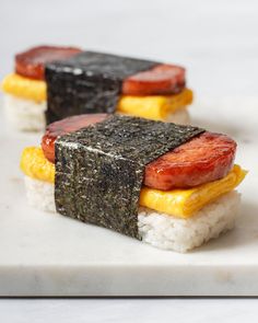 Spam Musubi with Egg – Takes Two Eggs Hawaiian Spam Musubi, Spam Rice, Spam Musubi Recipe, Rolled Omelette, Musubi Recipe, Famous Cartoon Characters, Spam Recipes, Spam Musubi, Lunchbox Ideas