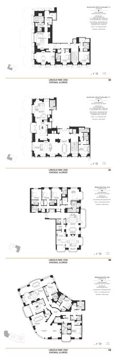 the floor plan for an apartment building with three levels and four floors, all in different sections