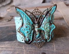 Turquoise Butterfly Leather Cuff Recycled by EverDesignsJewelry Fabric Cuff Bracelet, Butterfly Cuff, Turquoise Butterfly, Chalcedony Bracelet, Nugget Bracelet, Upcycled Leather, Butterfly Bracelet, Fabric Cuff, Recycled Jewelry