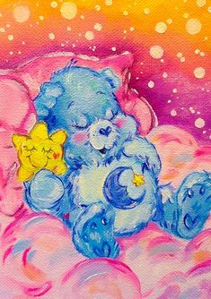 a painting of two teddy bears sitting on top of a pink cloud with stars in the sky