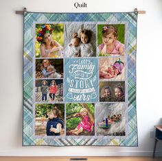 a quilt hanging on the wall with pictures of people and their babies in it,