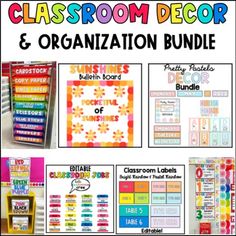 classroom decor and organization bundle for teachers to use with their students in the classroom, including posters