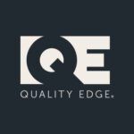 the logo for quality edge is shown in black and white, with an arrow pointing up