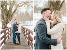 an engaged couple kissing on a bridge in the snow and posing for pictures with each other