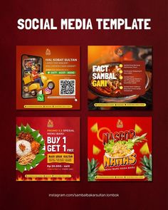 social media postcard templates for food and beverage businesses with red background, set of 4