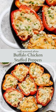 stuffed bell peppers in a skillet with cheese and herbs on top, and an image of