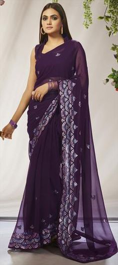 Purple and Violet color Saree in Georgette fabric with Embroidered, Sequence, Thread work Elegant Purple Georgette Embroidered Fabric, Elegant Purple Embroidered Georgette Fabric, Purple Georgette Embroidered Fabric For Reception, Purple Georgette Blouse Piece For Celebration, Celebration Purple Georgette Blouse Piece, Purple Embroidered Fabric Saree For Celebration, Purple Embroidered Fabric For Party With Traditional Drape, Purple Georgette Embroidered Fabric For Festivals, Purple Embroidered Georgette Fabric For Festivals