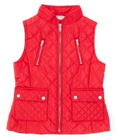 From Jessica Simpson&#x2C; this vest features:Quilted patternCollarSleevelessZip-front closureTwo zippered pocketsTwo flap pockets600 MM coatingPrinted liningPolyester with polyester satin printed lining and polyfillMachine wash/tumble dryImported. Sleeveless Vest With Zipper Closure For Spring, Sleeveless Spring Vest With Zipper Closure, Casual Quilted Sleeveless Vest, Kids Coats Girls, Mock Neckline, Barn Quilts, Quilted Vest, Polyester Satin, Dillard's