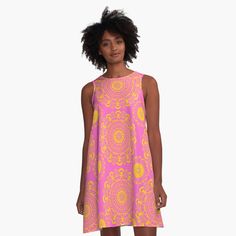 Get my art printed on awesome products. Support me at Redbubble #RBandME: https://www.redbubble.com/i/dress/Yellow-Flora-Mandala-Pattern-by-Cultradesign/65086954.V4WQ8?asc=u Skirt Outfit Fall, Retro Summer, Daisy Pattern, Pink Abstract, Dress Yellow, Woven Dress