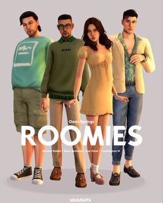 three people standing next to each other with the words roomies written on their backs