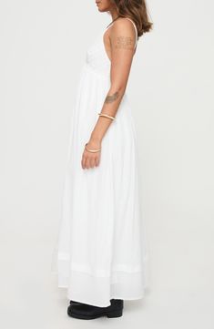 Eyelet adds tonal texture and further sweetens the look of this flowing maxi sundress cut with an Empire waist from cool and comfortable cotton. A smocked back panel and adjustable straps allow you to perfect the fit. 55 1/2" length (size 4) Slips on over head Deep V-neck Adjustable straps Smocked back Cotton lining 100% cotton Machine wash, line dry Imported Maxi Dress White, Maxi Sundress, Fleece Dress, Outerwear Outfit, Cotton Maxi, Curve Dresses, White Midi Dress, White Maxi Dresses, Floral Dress Black