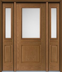 a wooden door with two glass panels