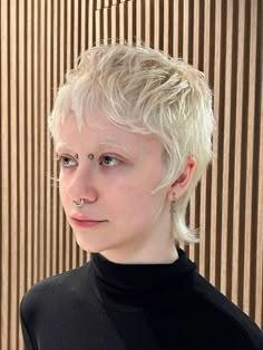 Bleach Blonde Pixie Haircut, Mullet With Sideburns, Bleach Short Hair, Short Blonde Mullet, Blonde Buzzcut Woman, Short Soft Mullet, Mini Mullet Hair Women, Micro Mullet, Bleach Blonde Pixie