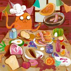 a painting of food on a table with utensils and other items around it