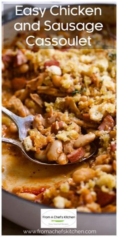 an easy chicken and sausage casserole is shown with a spoon