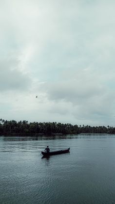 a person in a small boat on the water with trees in the backgroud