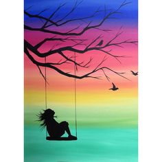 a painting of a woman sitting on a swing in front of a tree with birds flying overhead