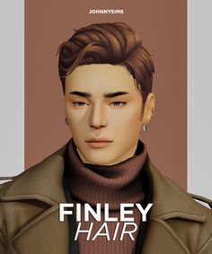 an animated image of a man wearing a brown coat and turtle neck sweater, with the words'finey hair'in front of him