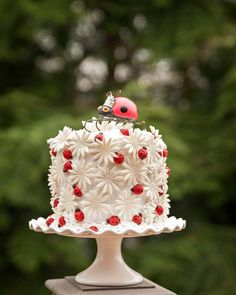 a white cake with red flowers and a ladybug on top is sitting on a table