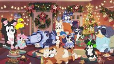 many cartoon characters are standing in front of a christmas tree