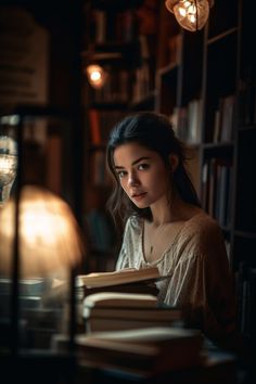 a woman sitting at a table with a book in front of her, reading a book