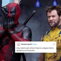 the deadpool and wolverine are standing next to each other