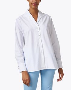 Hinson Wu's feminine and modern shirting comes to life in the Betty top. Cut from crisp cotton poplin, the relaxed silhouette features a winged collar and partial button front closure for an elegant finish. Pair it with sleek pants and chic skirts alike for a variety of polished styling options. Fitted Poplin Button-up Shirt, White Relaxed Fit Cropped Button-up Shirt, Relaxed Fit Poplin Button-up Top, White Button-up Poplin Blouse, White Stretch Button-up Blouse, White Cotton Shirt, Skirt And Top Dress, Work Accessories, Chic Skirts