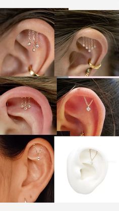 four images of different types of ear piercings with diamonds on top and below the ear