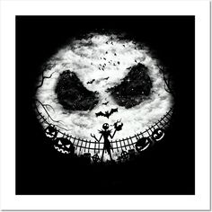 a black and white photo of a skeleton with bats on it's face in front of a full moon