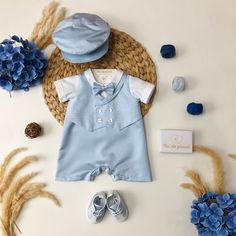 Sky romper with fake vest and bow tie for your love.

 complete the look with the accessories in the photo





 We are always looking for the best pieces to make every moment count.

 For any information do not hesitate to contact customer service 334-71-60-824 Classic Summer Party Sets, Elegant Blue Sets For Baptism, Vest And Bow Tie, Newborn Needs, White Romper, Baby Time, Rompers, White, In This Moment