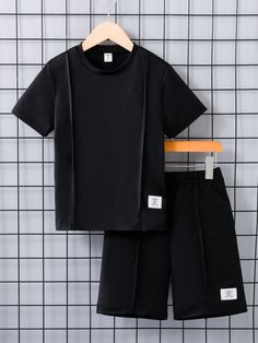 Tween Boy Basic Solid Color Short Sleeve T-Shirt And Shorts Set Black Casual  Short Sleeve Fabric Colorblock,Letter  Slight Stretch  Tween Boys Clothing, size features are:Bust: ,Length: ,Sleeve Length: Casual Black Crew Neck Set, Black Casual Short Sleeve Sets, Black Short Sleeve Casual Sets, Women Slogan, Boys Set, Boys Casual, Color Shorts, T Shirt And Shorts, Boys Clothing